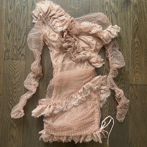 HOUSE OF CB - SORREL -  BLUSH LACE FRILL MINI DRESS - Picture 12 of 12